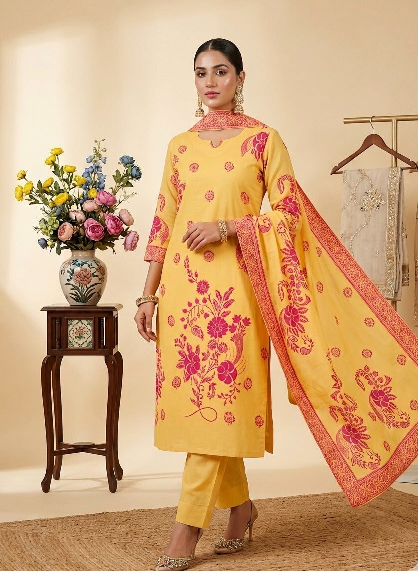 Sunshine Yellow Cotton Suit with Vibrant Pink Kashmiri Motif Print