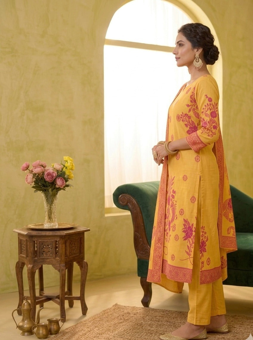 Sunshine Yellow Cotton Suit with Vibrant Pink Kashmiri Motif Print