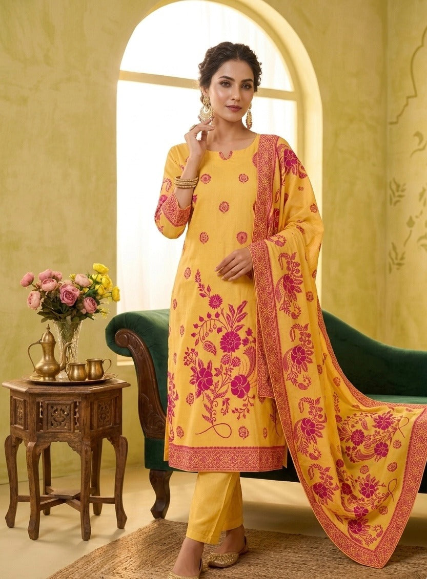 Sunshine Yellow Cotton Suit with Vibrant Pink Kashmiri Motif Print