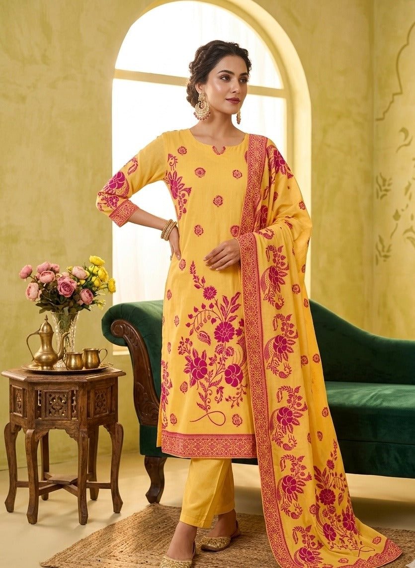 Sunshine Yellow Cotton Suit with Vibrant Pink Kashmiri Motif Print