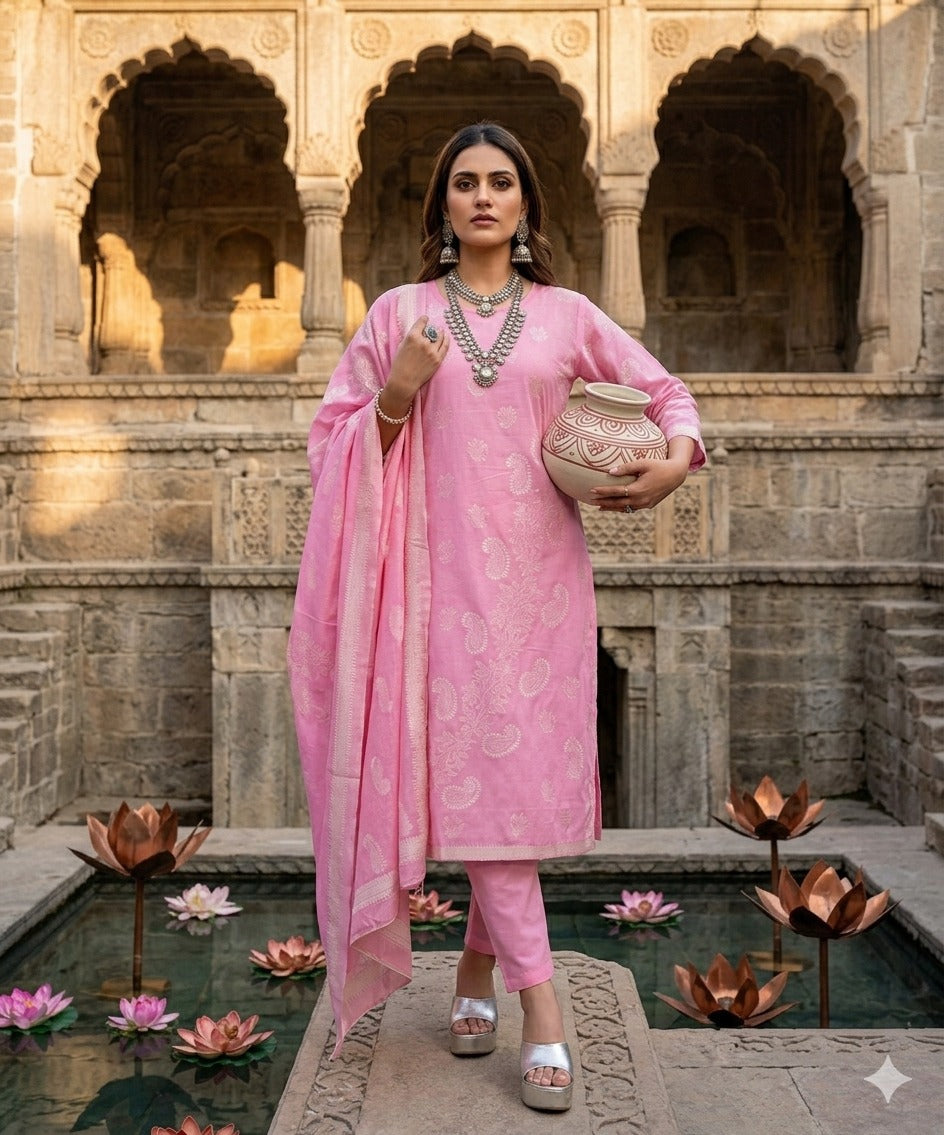 Elegant Pure Cotton Fabric Calf Length Straight Kurta Set