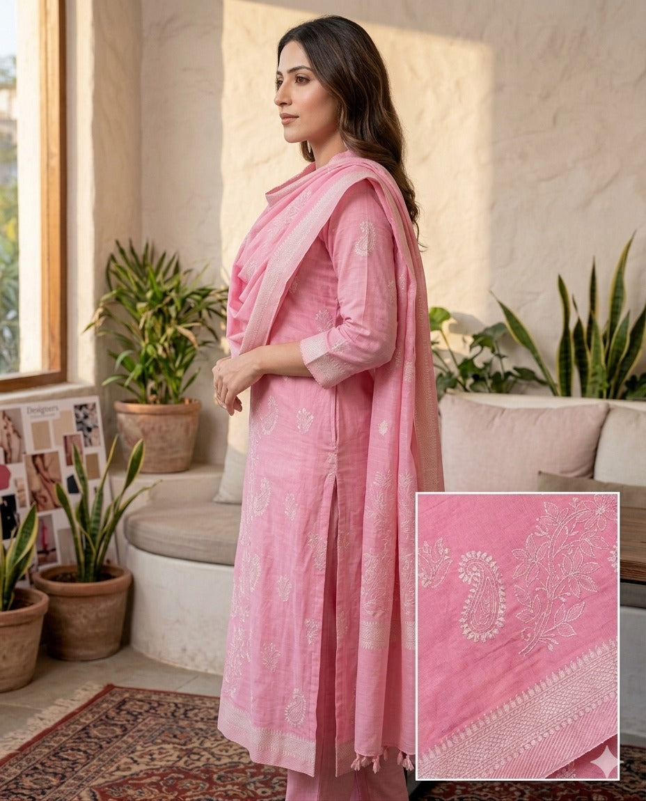 Elegant Pure Cotton Fabric Calf Length Straight Kurta Set