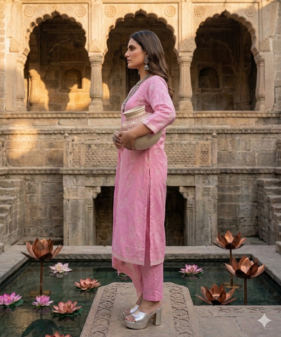 Elegant Pure Cotton Fabric Calf Length Straight Kurta Set