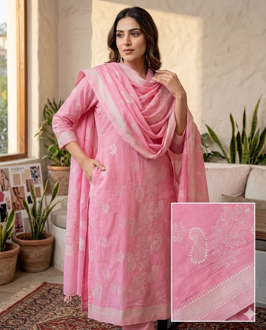 Elegant Pure Cotton Fabric Calf Length Straight Kurta Set