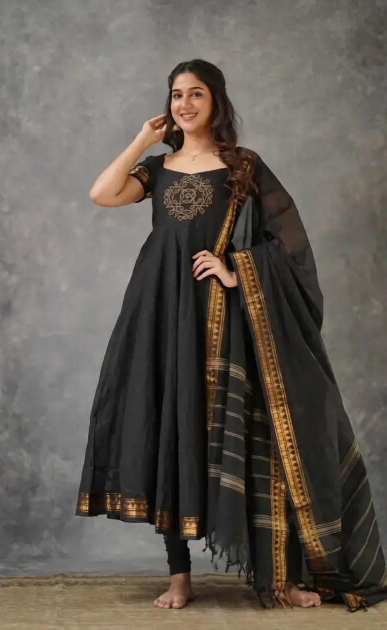 Introducing New Trendy Embroidery Kanchi Cotton Fabric Gown With Dupatta (2 Piece)