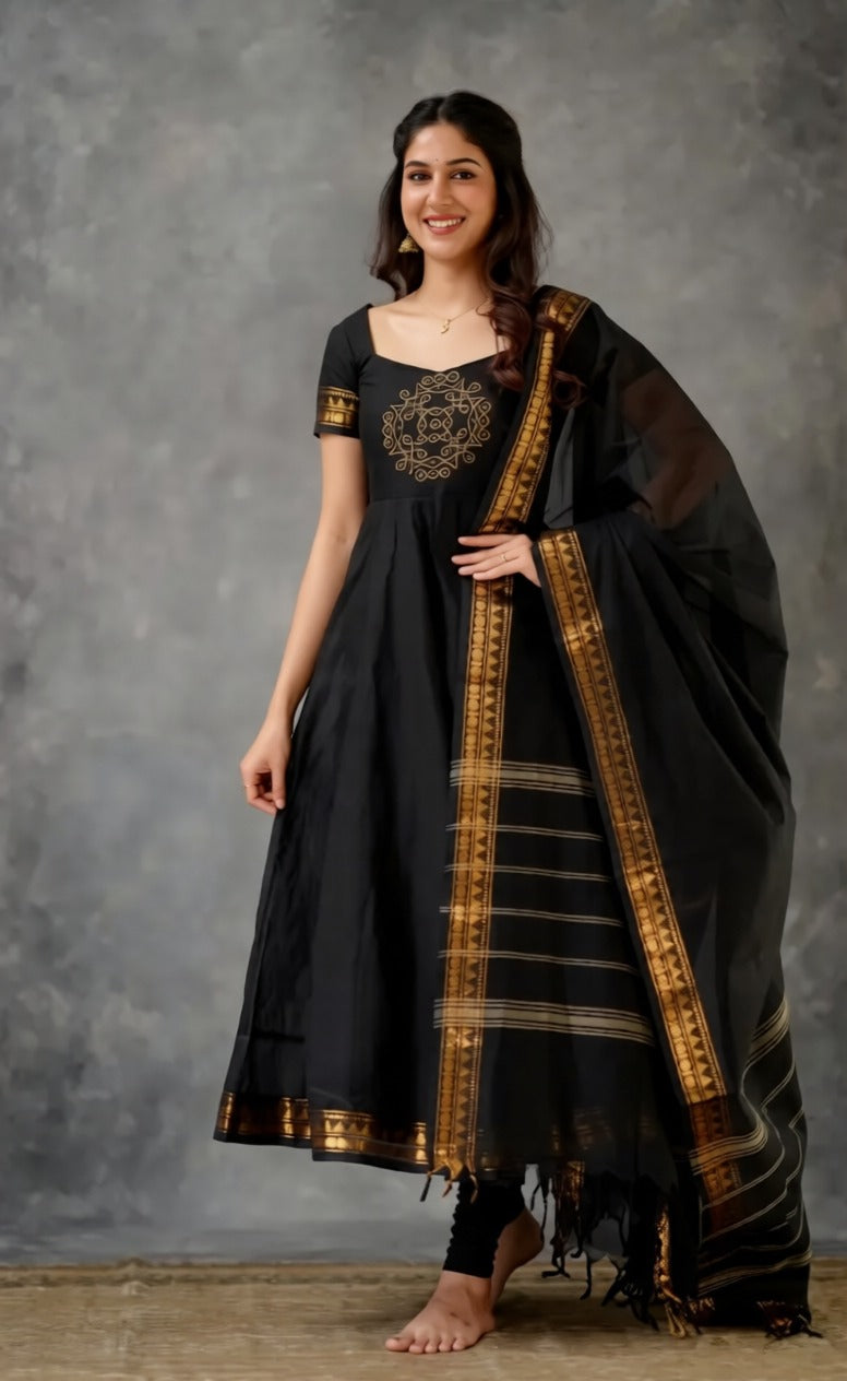 Introducing New Trendy Embroidery Kanchi Cotton Fabric Gown With Dupatta (2 Piece)