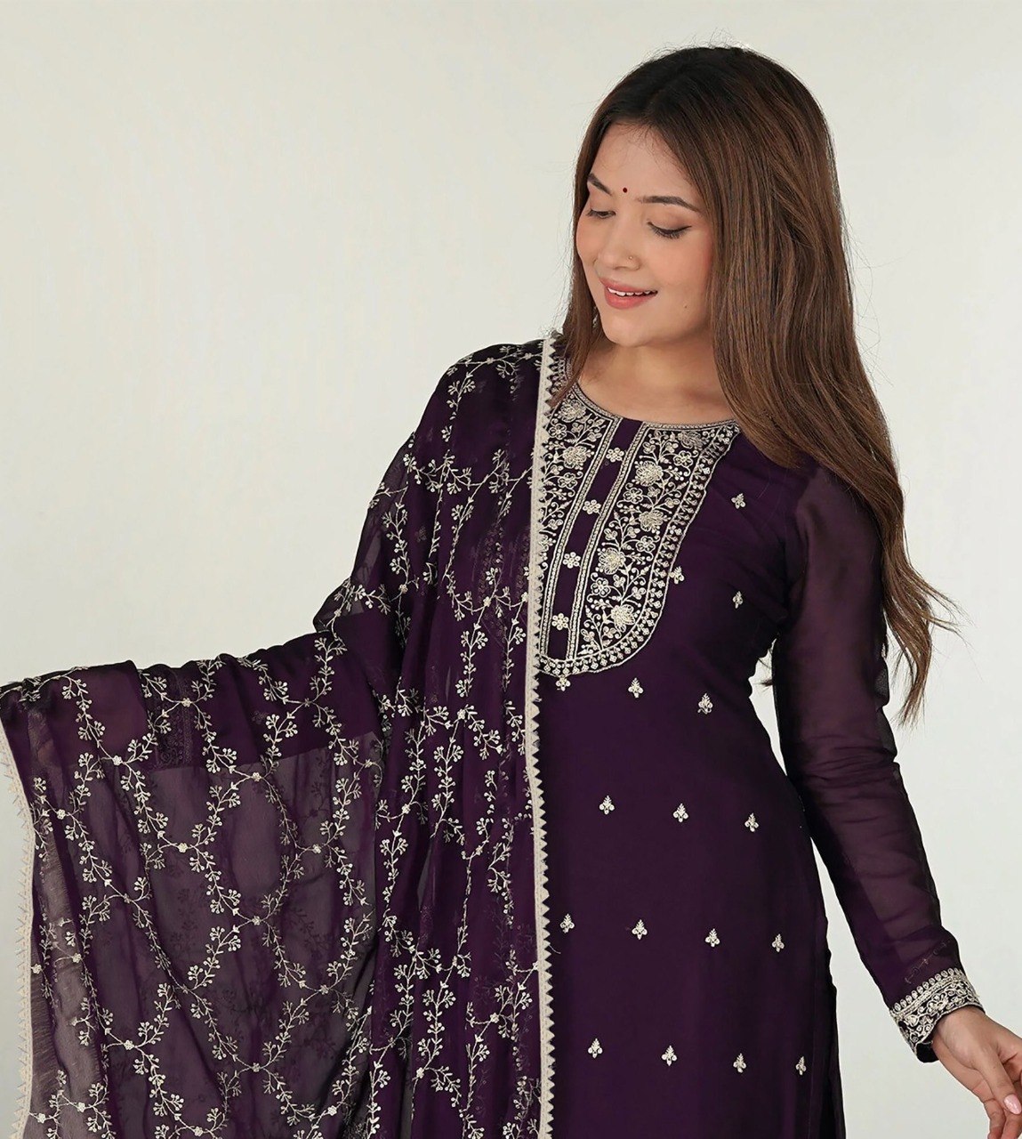 Deep Wine Georgette Straight Kurta Set with Embroidered Dupatta and Pants