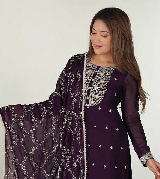 Deep Wine Georgette Straight Kurta Set with Embroidered Dupatta and Pants