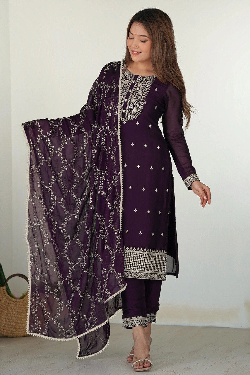 Deep Wine Georgette Straight Kurta Set with Embroidered Dupatta and Pants