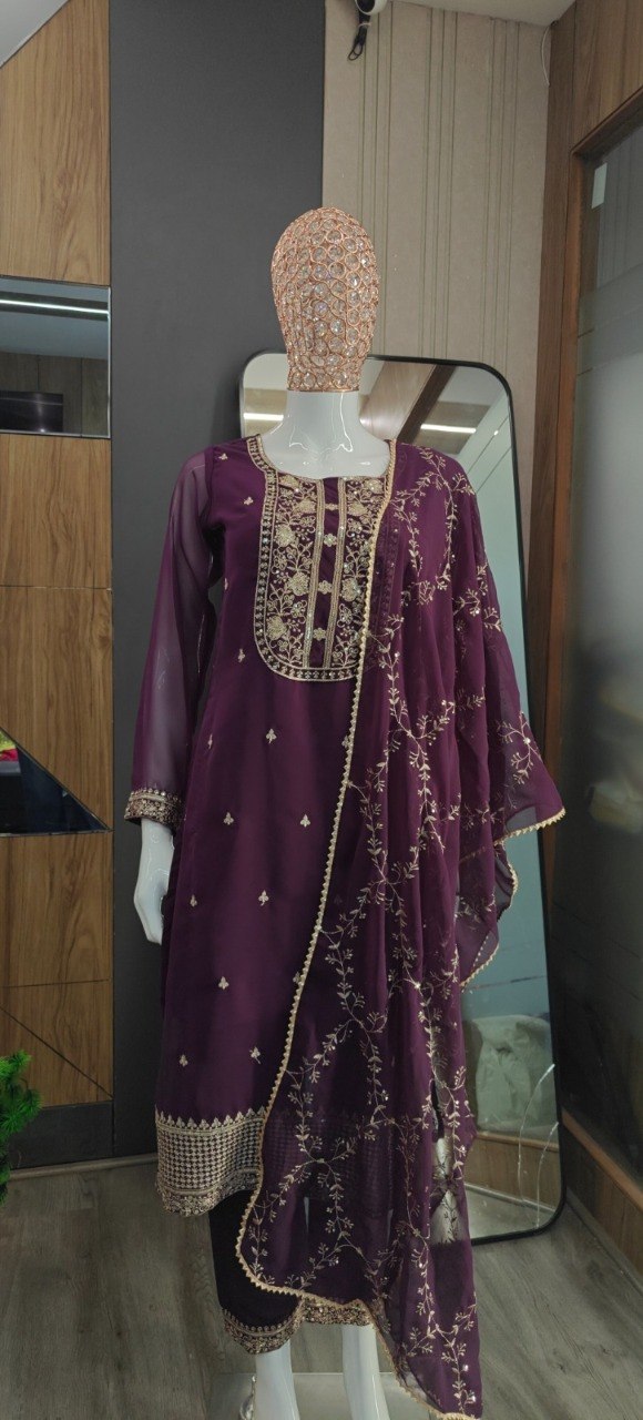 Deep Wine Georgette Straight Kurta Set with Embroidered Dupatta and Pants