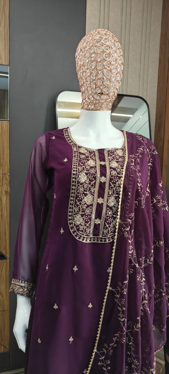 Deep Wine Georgette Straight Kurta Set with Embroidered Dupatta and Pants