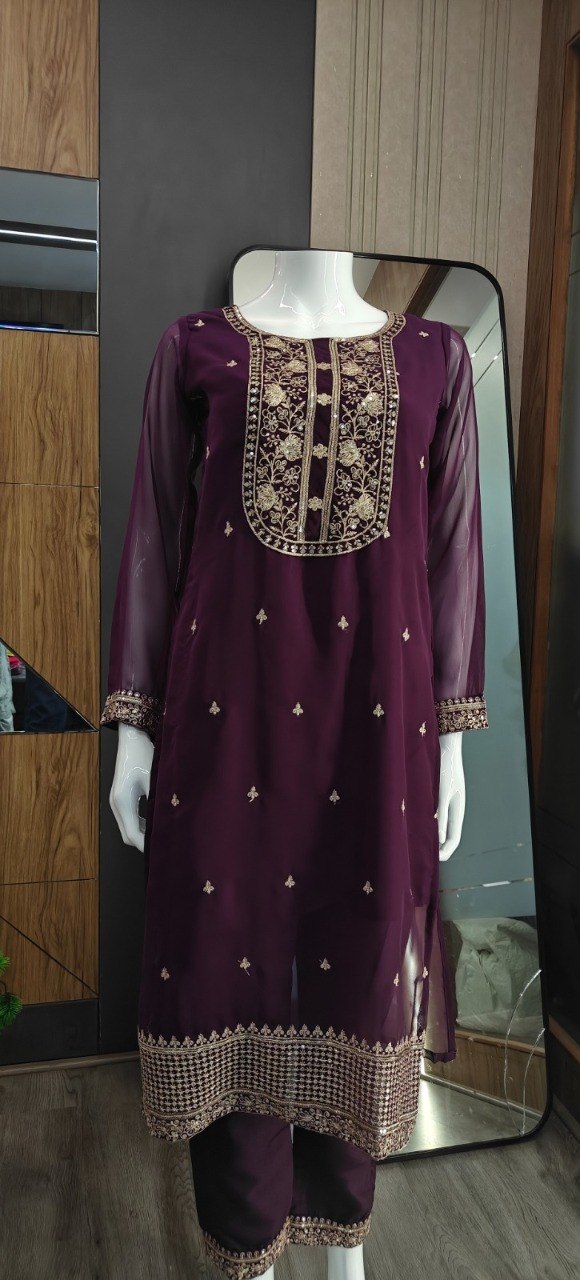 Deep Wine Georgette Straight Kurta Set with Embroidered Dupatta and Pants