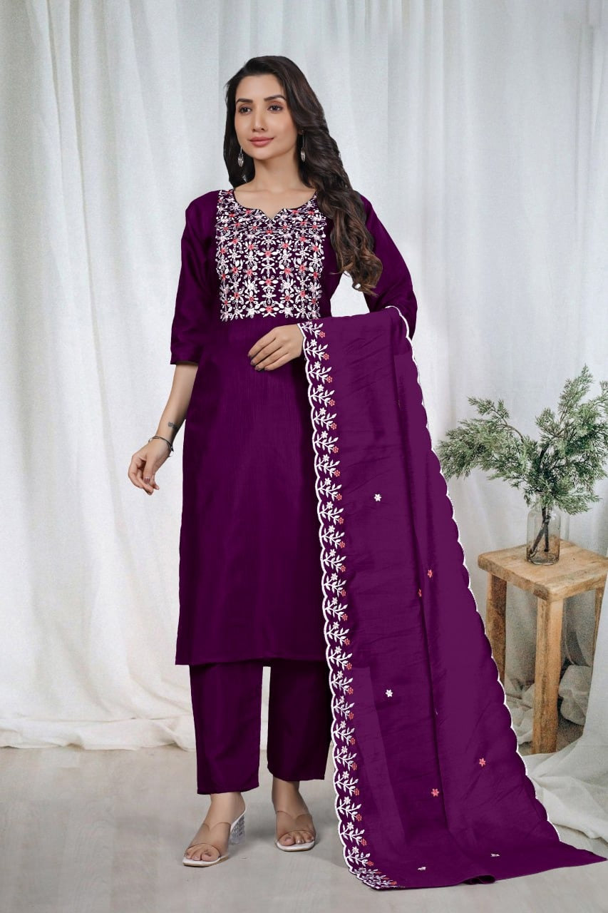 Elegant Embroidery Cotton Fabric Calf Length Straight Kurta Set