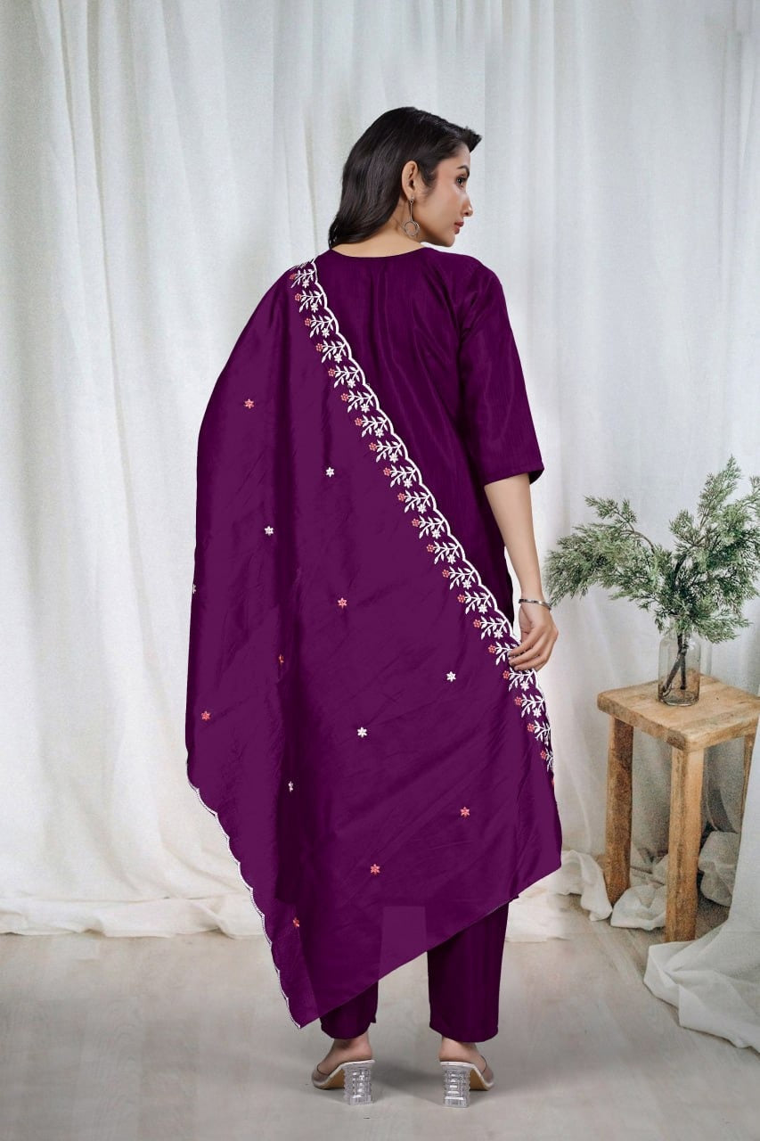Elegant Embroidery Cotton Fabric Calf Length Straight Kurta Set
