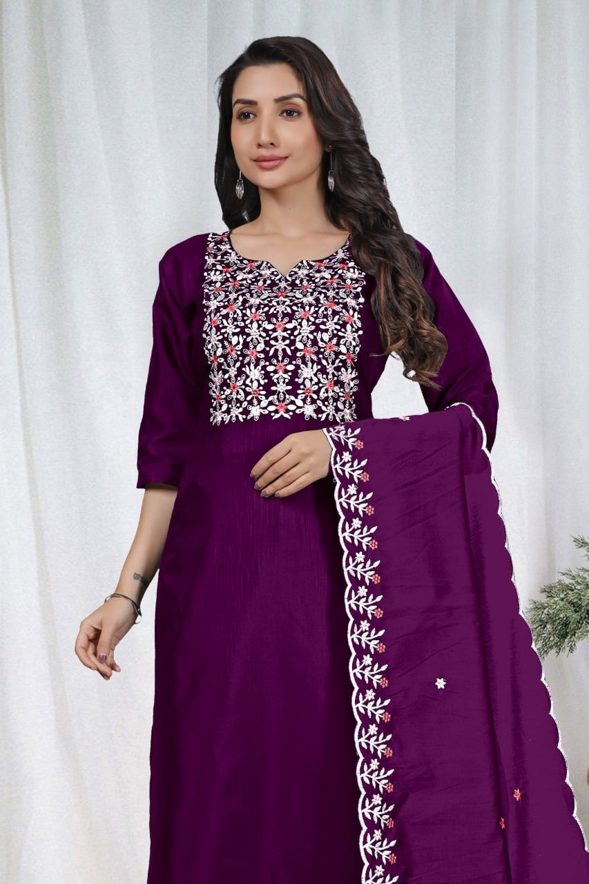 Elegant Embroidery Cotton Fabric Calf Length Straight Kurta Set