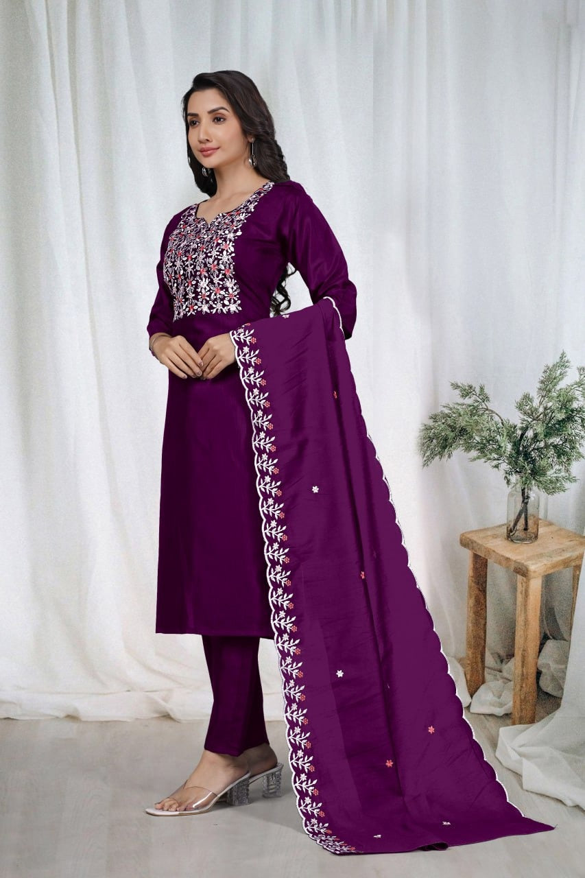 Elegant Embroidery Cotton Fabric Calf Length Straight Kurta Set