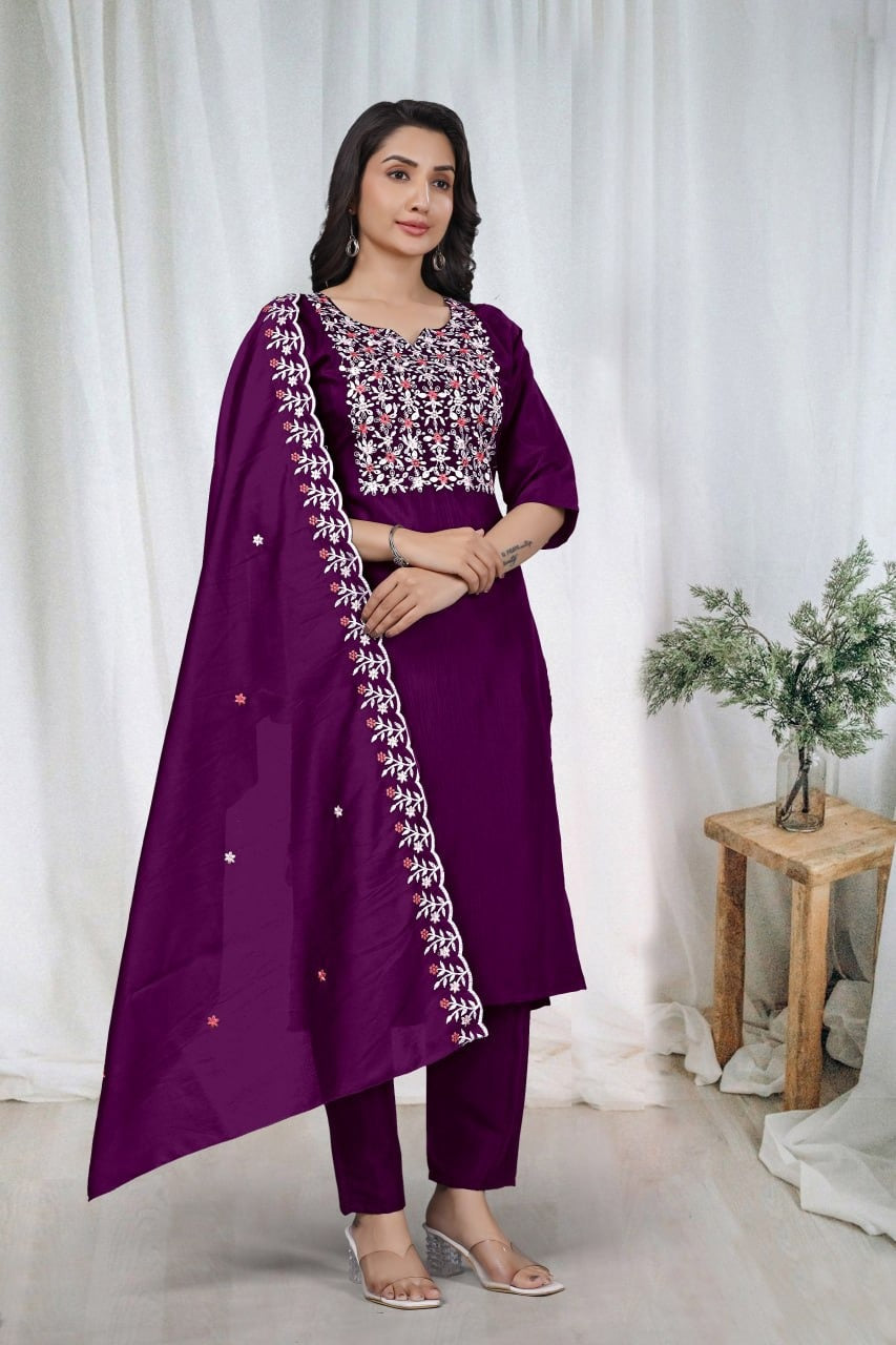 Elegant Embroidery Cotton Fabric Calf Length Straight Kurta Set