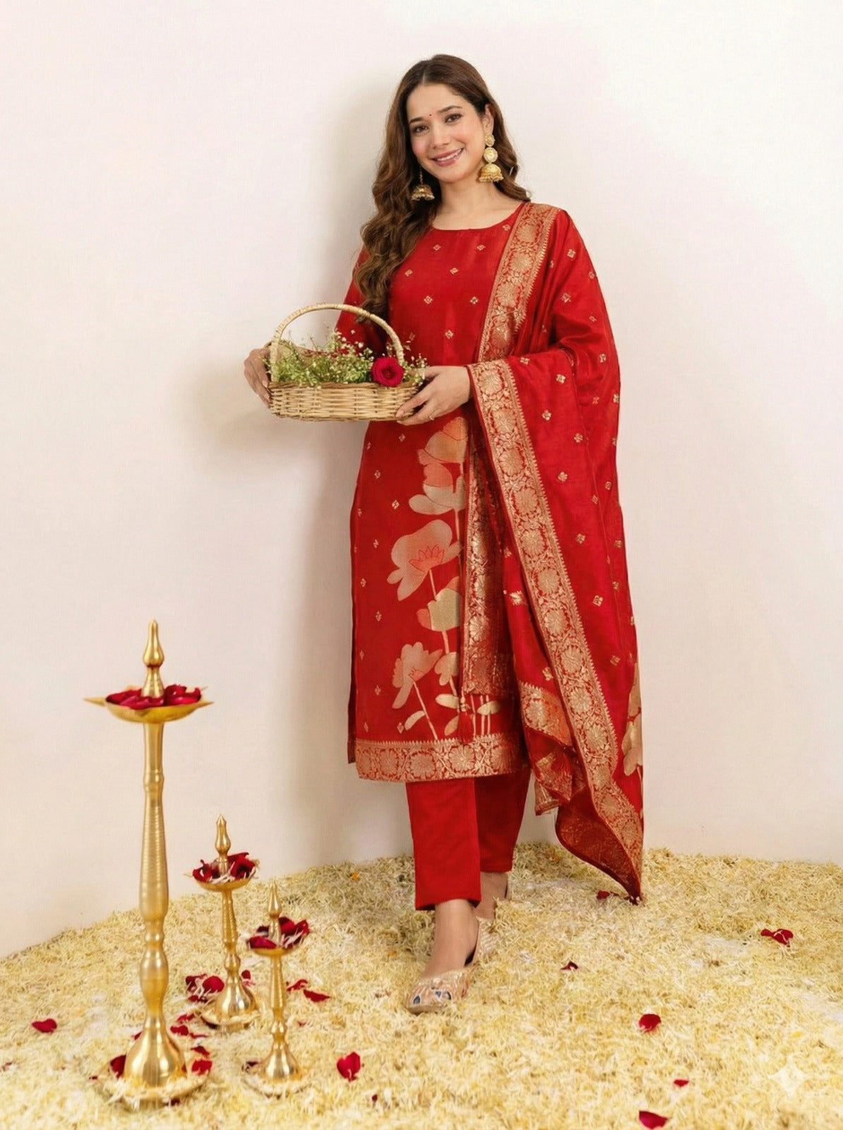 ✨ Women's Royal Red Banarasi Woven Kurti Pant & Dupatta Set ✨