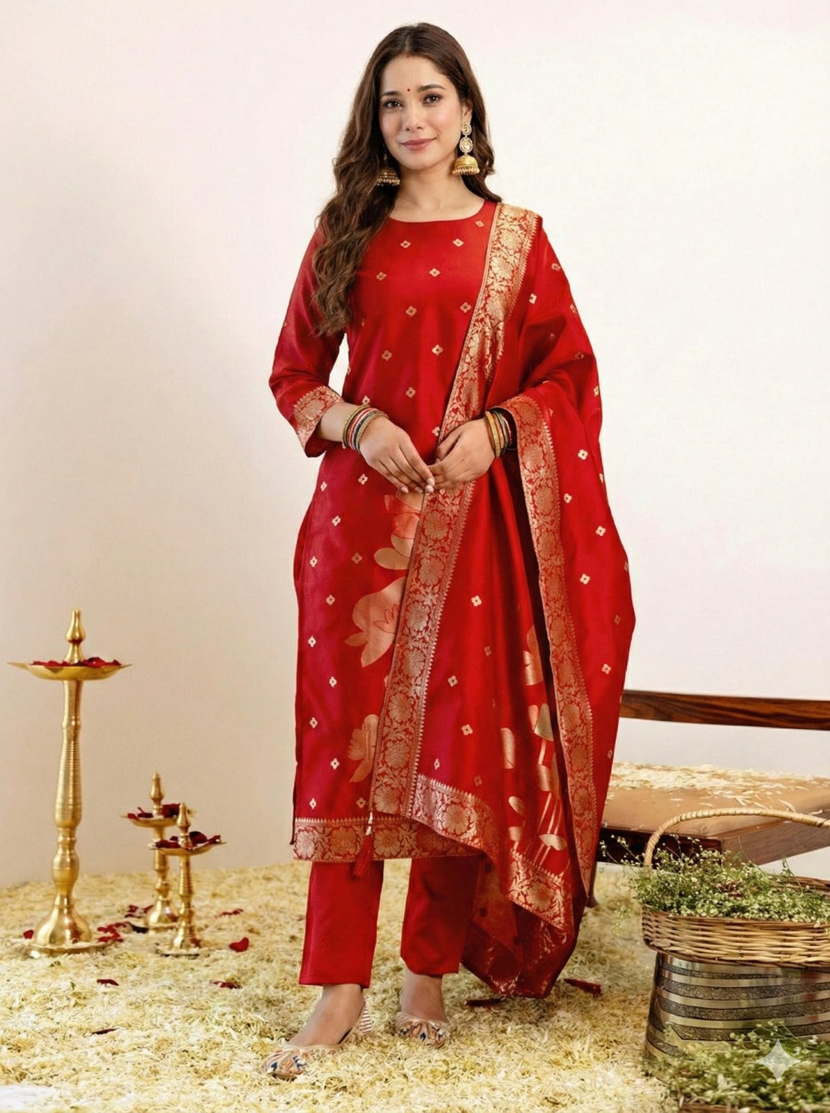 ✨ Women's Royal Red Banarasi Woven Kurti Pant & Dupatta Set ✨