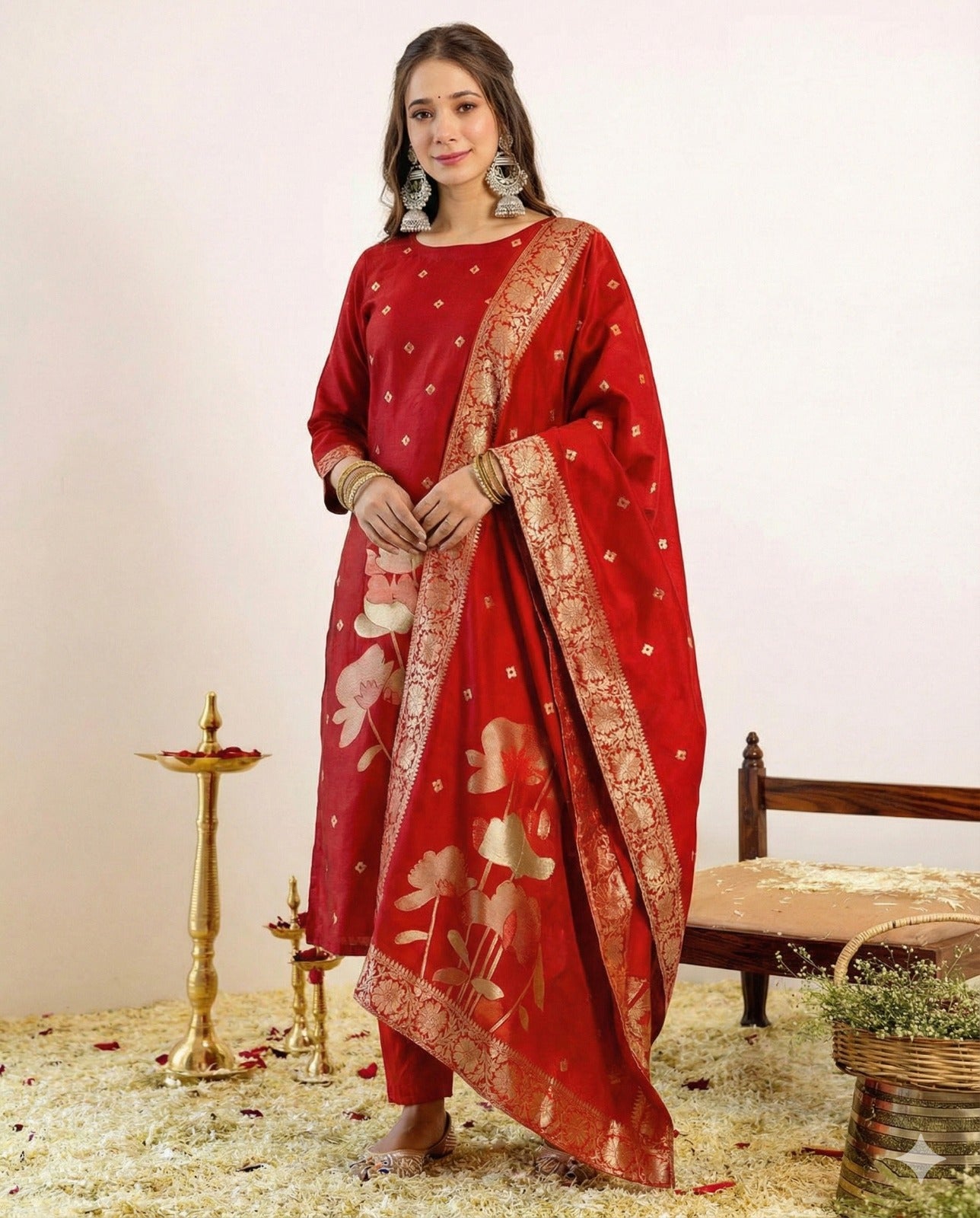 ✨ Women's Royal Red Banarasi Woven Kurti Pant & Dupatta Set ✨