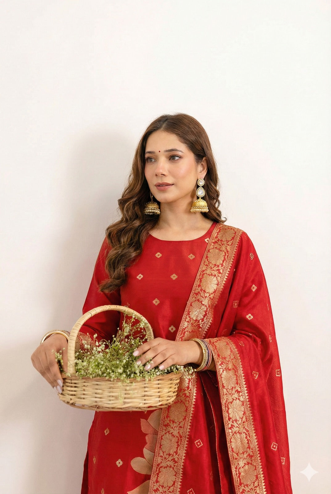 ✨ Women's Royal Red Banarasi Woven Kurti Pant & Dupatta Set ✨