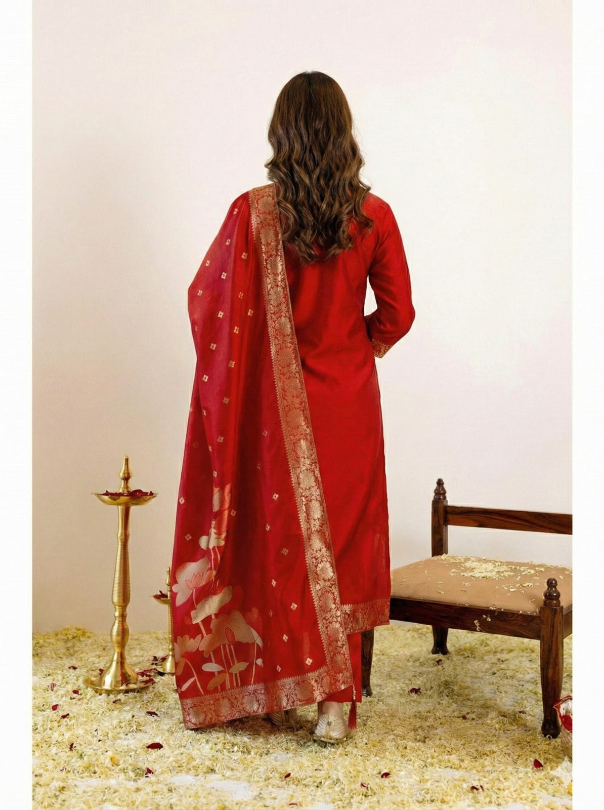✨ Women's Royal Red Banarasi Woven Kurti Pant & Dupatta Set ✨