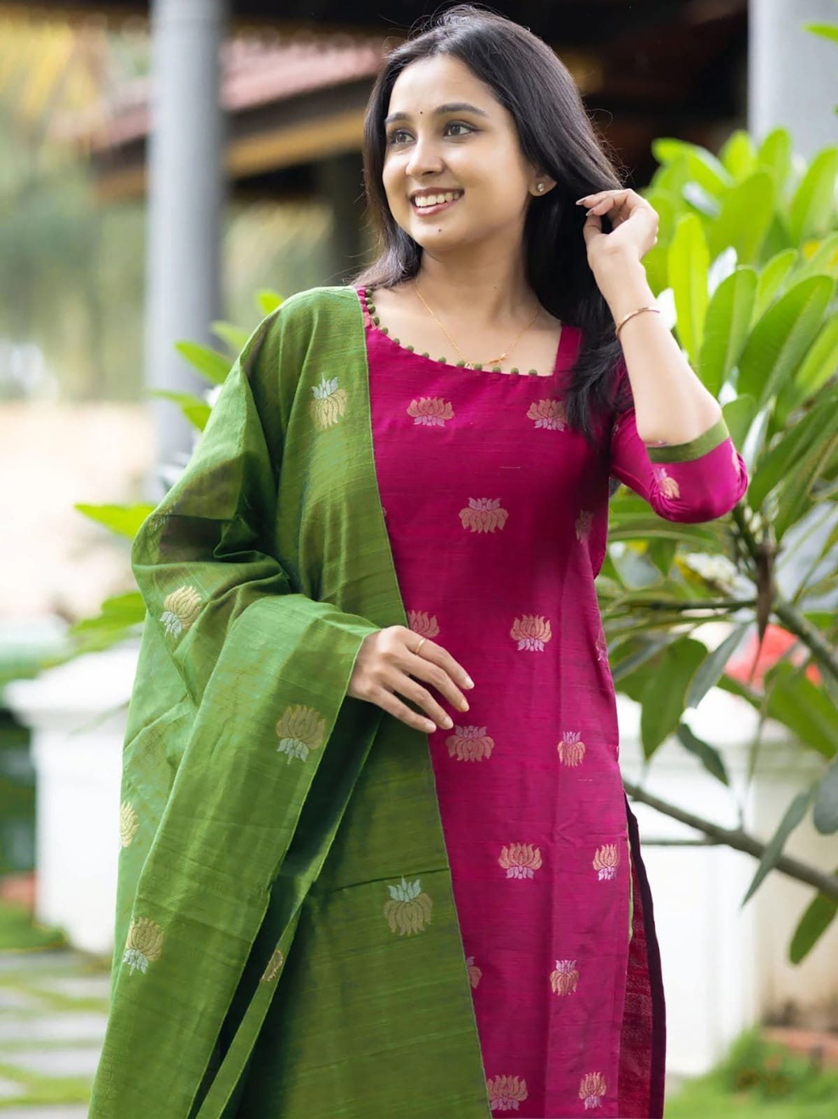 Magenta Pink Tussar Silk Straight Kurta Set with Olive Green Pants and Zari Border Dupatta