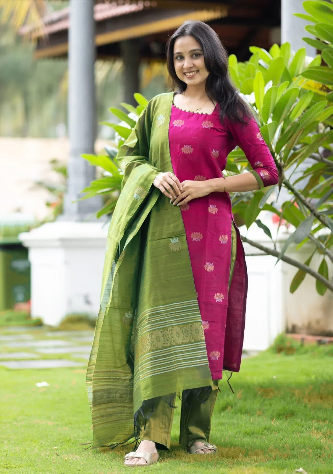 Magenta Pink Tussar Silk Straight Kurta Set with Olive Green Pants and Zari Border Dupatta