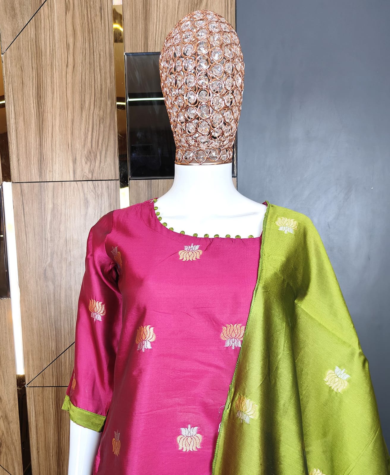 Magenta Pink Tussar Silk Straight Kurta Set with Olive Green Pants and Zari Border Dupatta