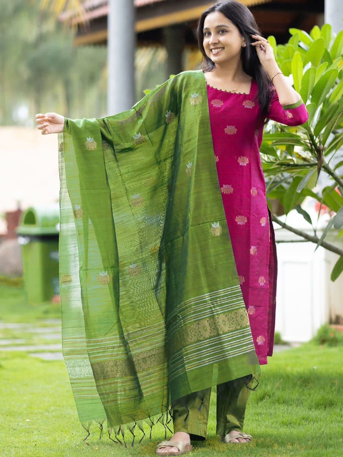 Magenta Pink Tussar Silk Straight Kurta Set with Olive Green Pants and Zari Border Dupatta