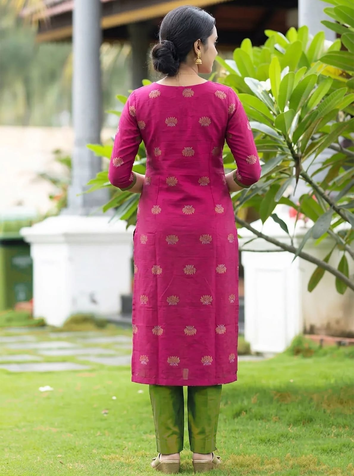 Magenta Pink Tussar Silk Straight Kurta Set with Olive Green Pants and Zari Border Dupatta