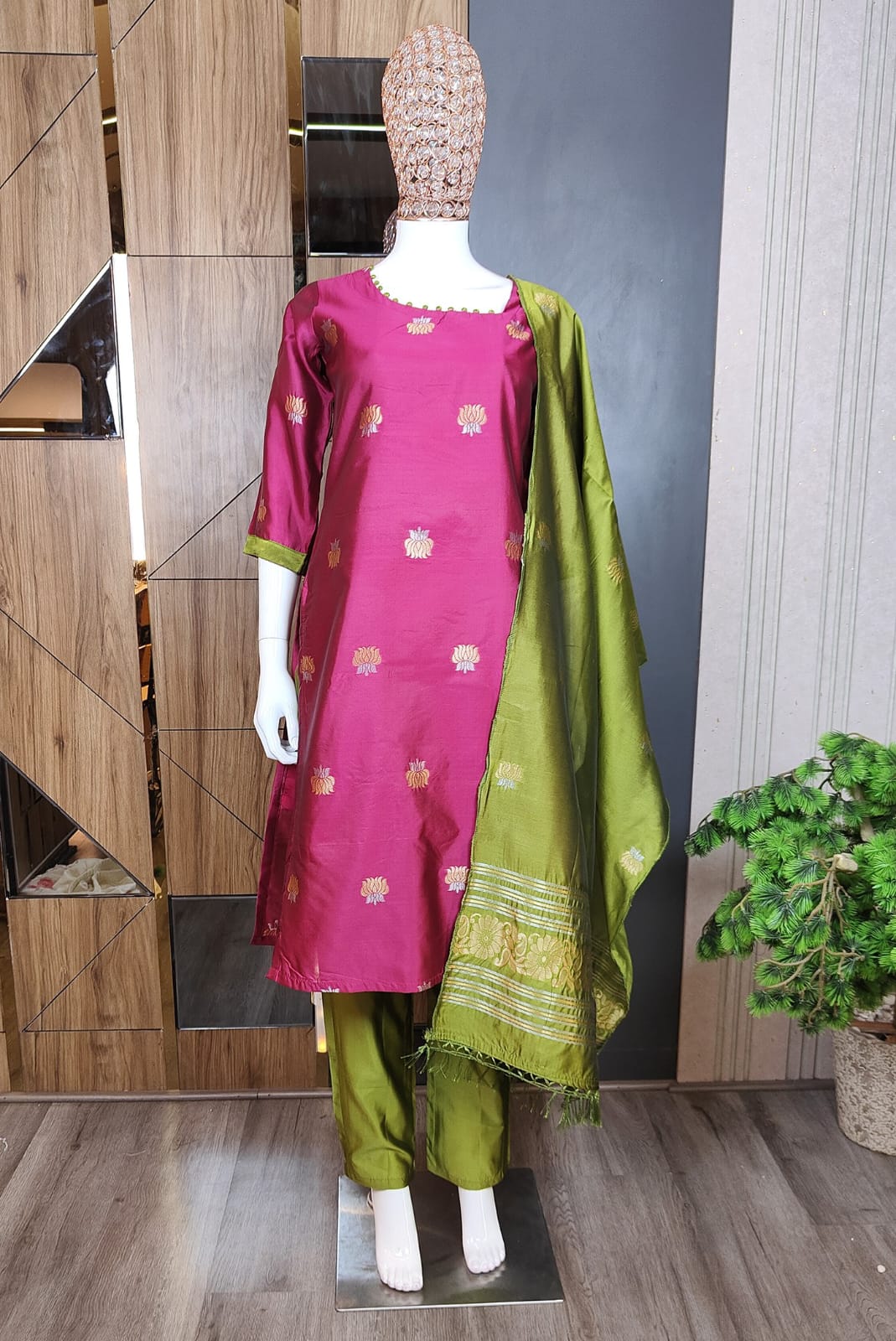 Magenta Pink Tussar Silk Straight Kurta Set with Olive Green Pants and Zari Border Dupatta