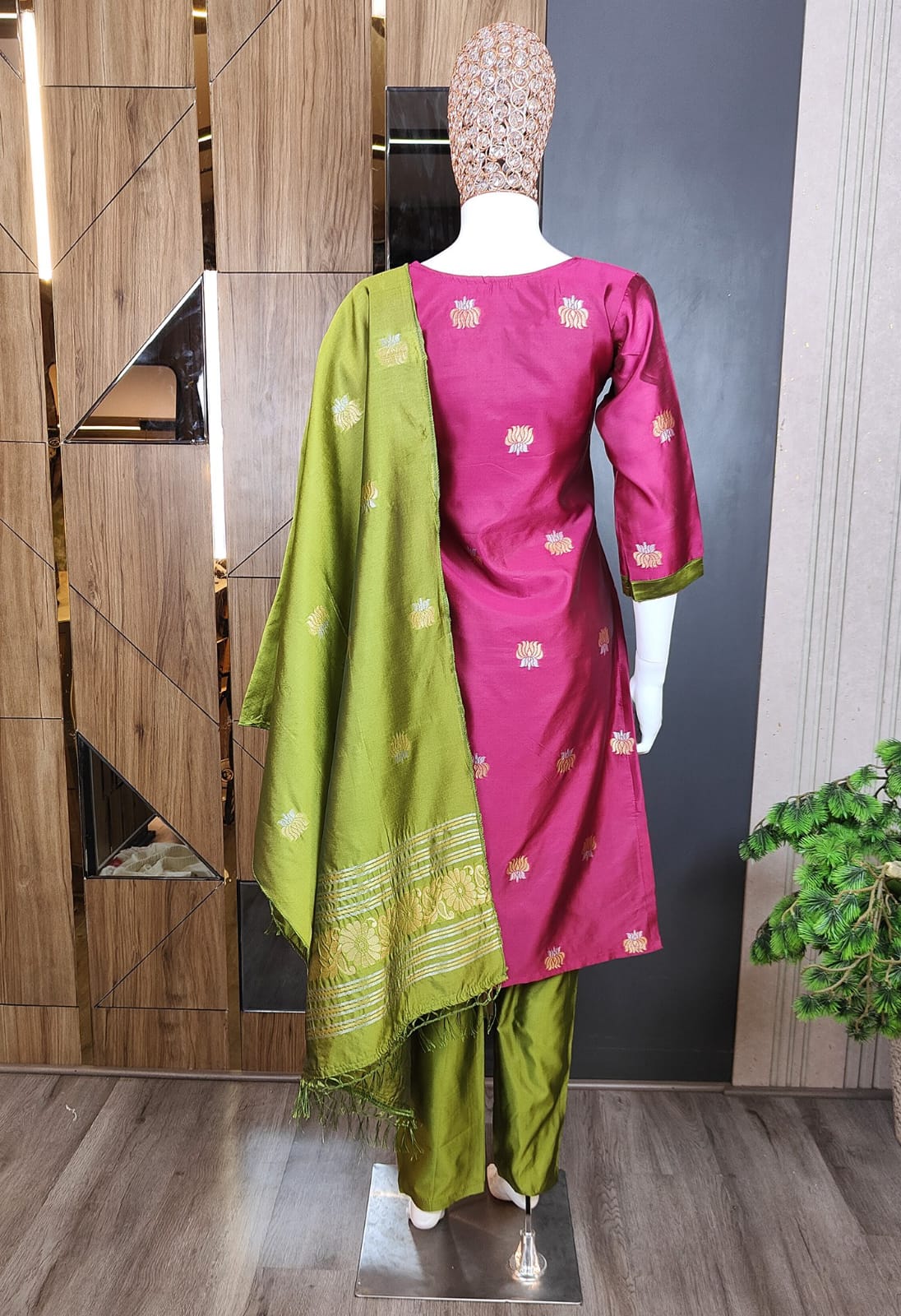 Magenta Pink Tussar Silk Straight Kurta Set with Olive Green Pants and Zari Border Dupatta