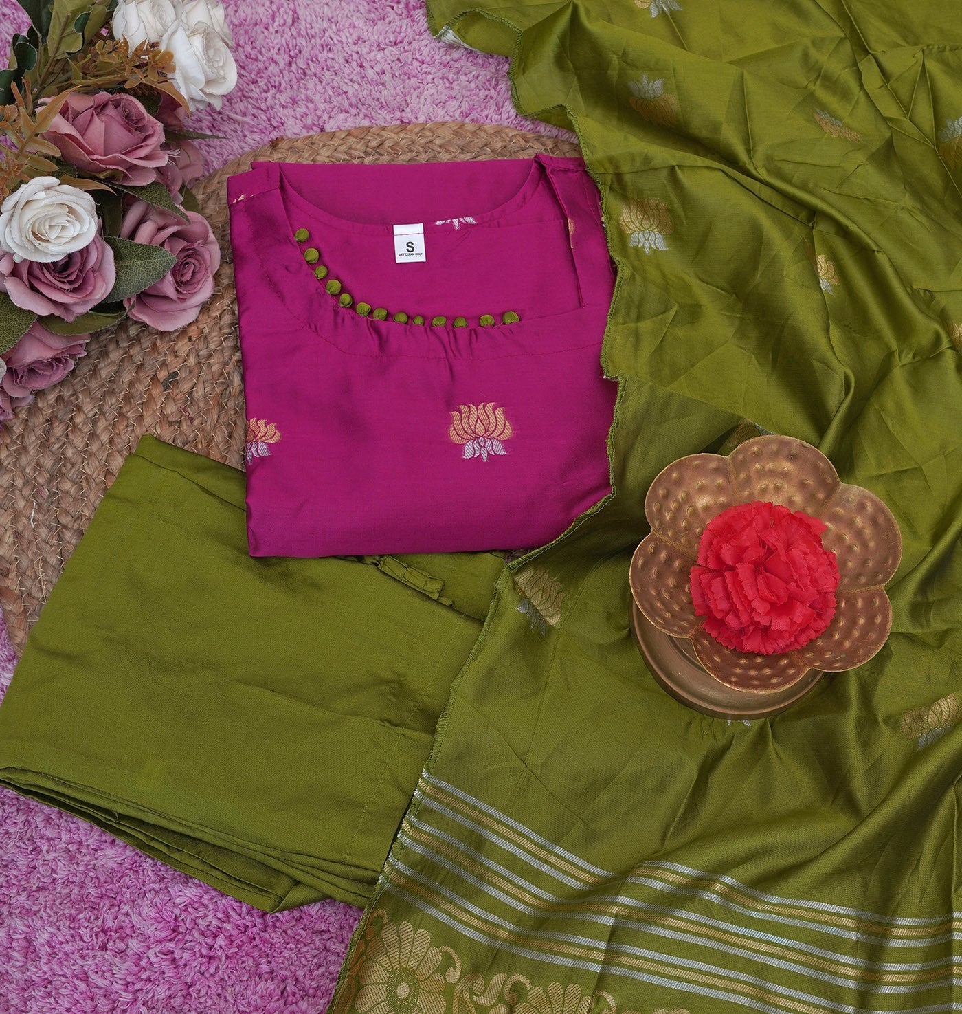 Magenta Pink Tussar Silk Straight Kurta Set with Olive Green Pants and Zari Border Dupatta