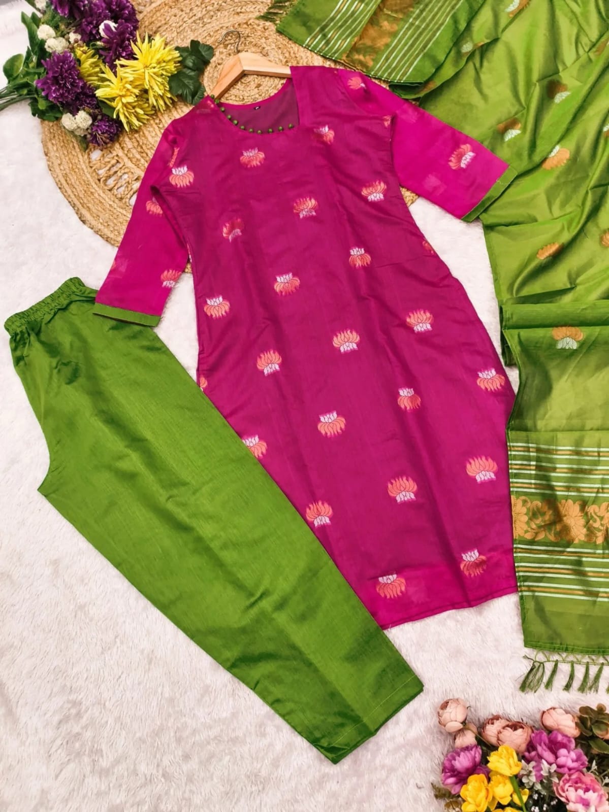 Magenta Pink Tussar Silk Straight Kurta Set with Olive Green Pants and Zari Border Dupatta
