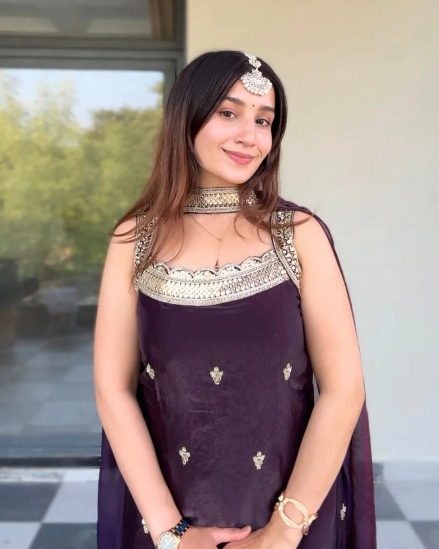 Royal Dark Purple Sharara Set featuring a Statement Embroidered Neckline and Attached Choker-Style Cape