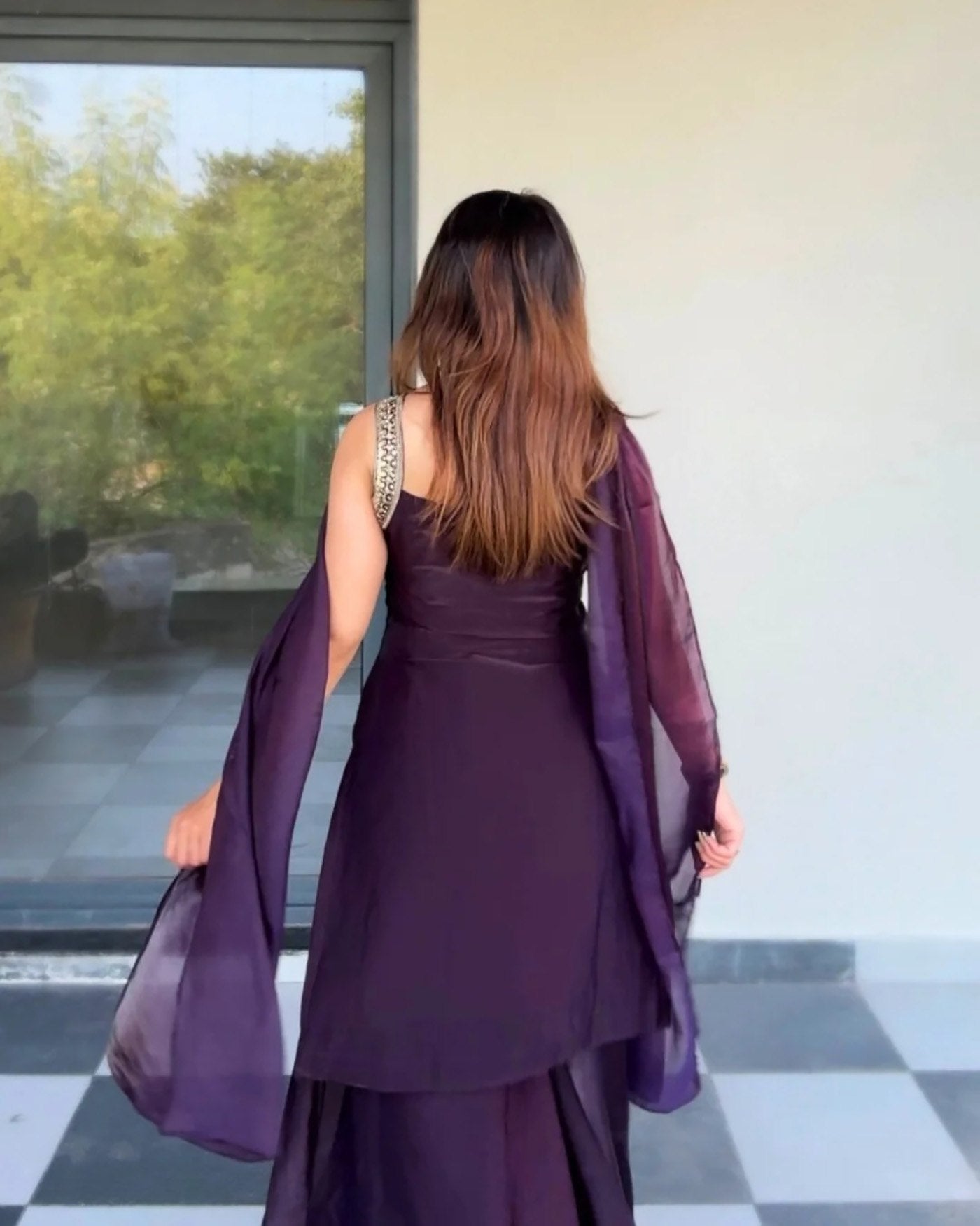 Royal Dark Purple Sharara Set featuring a Statement Embroidered Neckline and Attached Choker-Style Cape