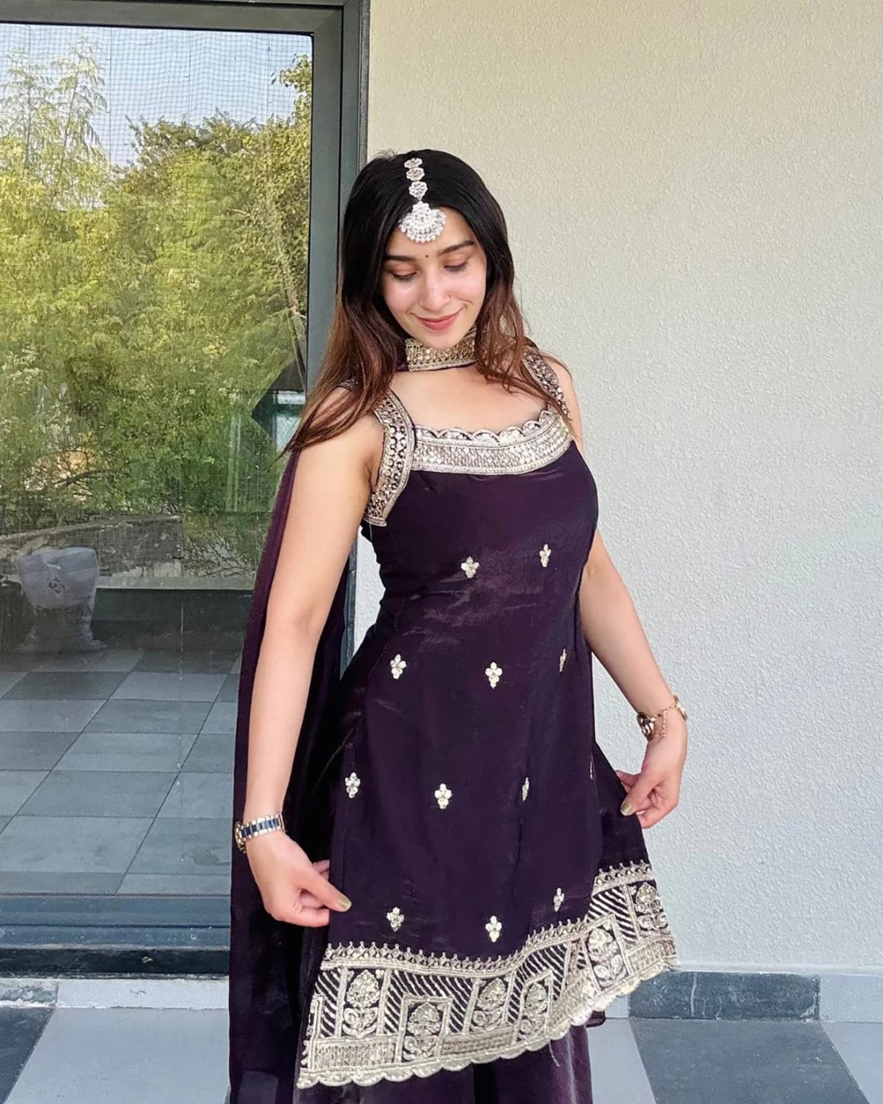 Royal Dark Purple Sharara Set featuring a Statement Embroidered Neckline and Attached Choker-Style Cape