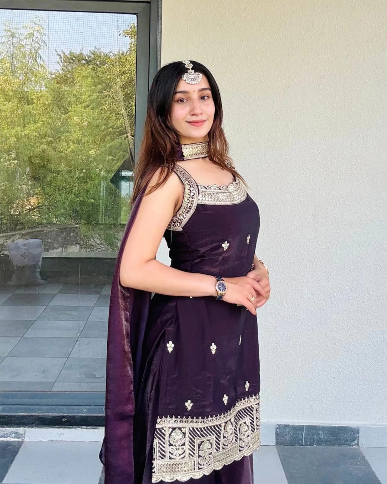 Royal Dark Purple Sharara Set featuring a Statement Embroidered Neckline and Attached Choker-Style Cape