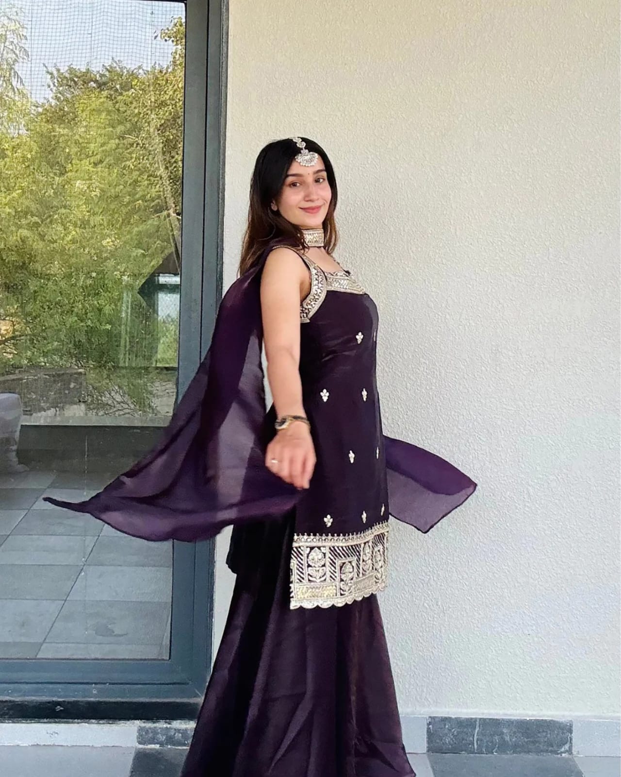 Royal Dark Purple Sharara Set featuring a Statement Embroidered Neckline and Attached Choker-Style Cape