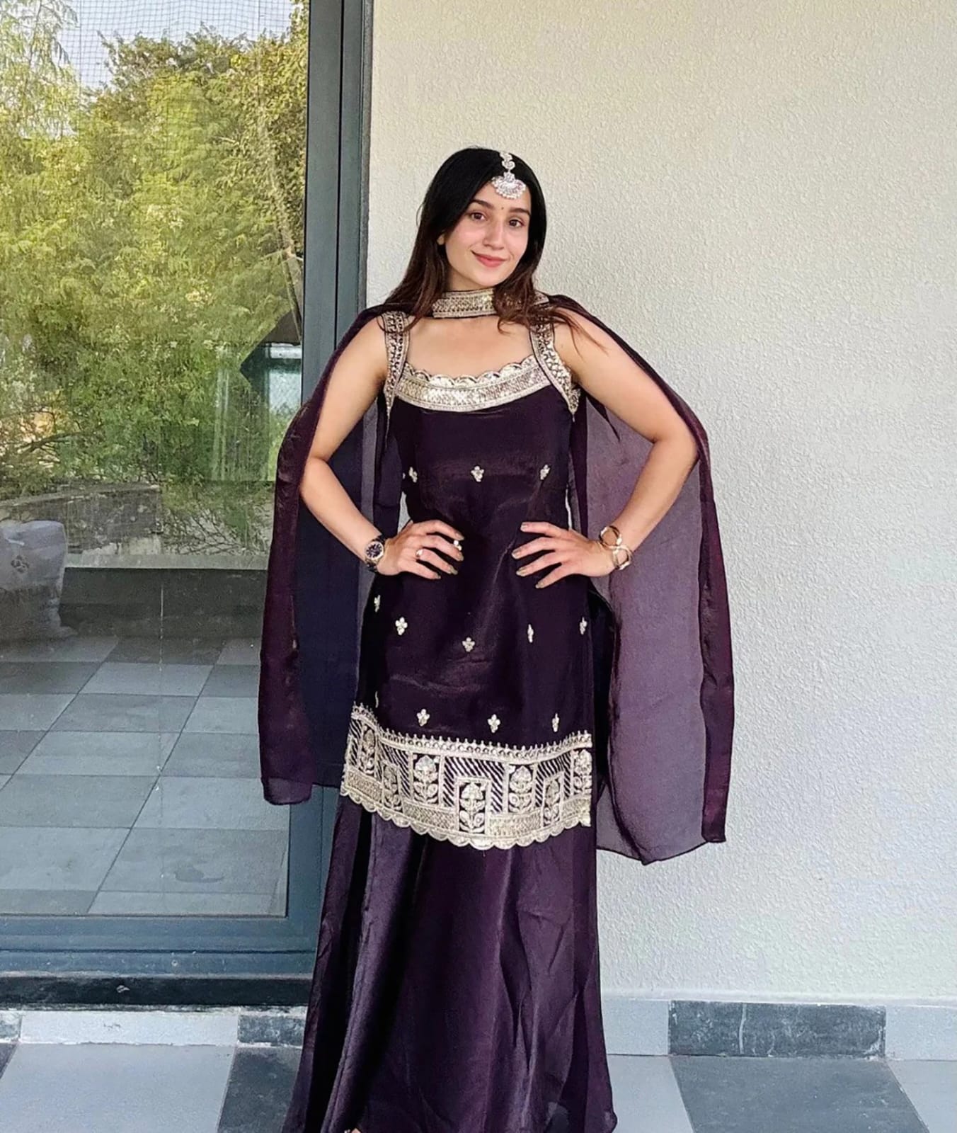 Royal Dark Purple Sharara Set featuring a Statement Embroidered Neckline and Attached Choker-Style Cape