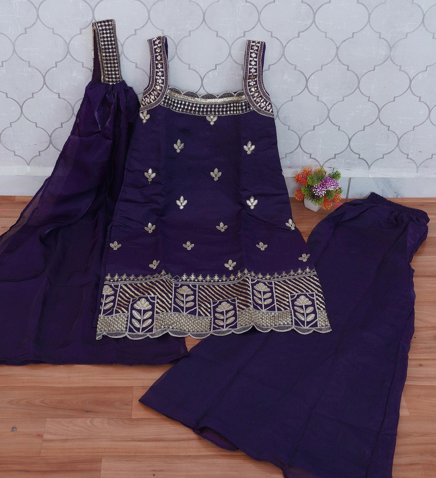 Royal Dark Purple Sharara Set featuring a Statement Embroidered Neckline and Attached Choker-Style Cape