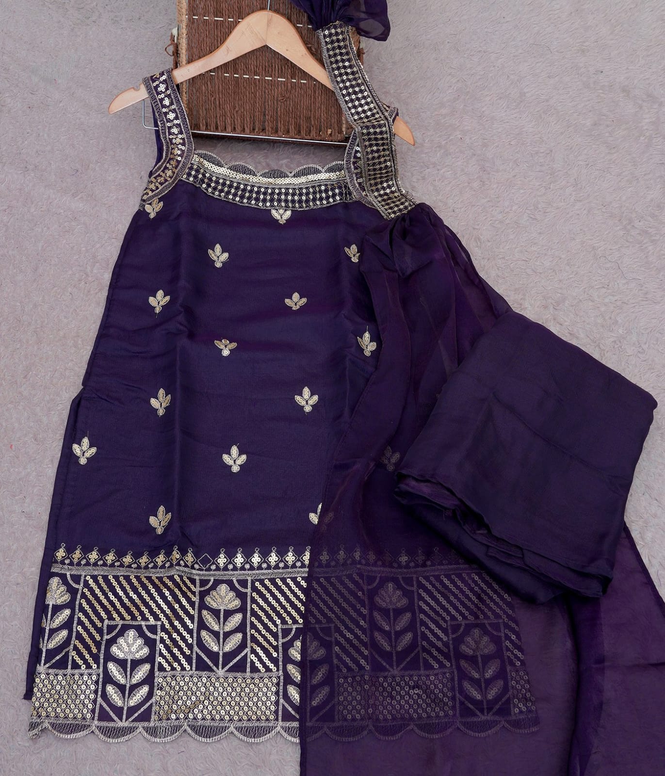 Royal Dark Purple Sharara Set featuring a Statement Embroidered Neckline and Attached Choker-Style Cape