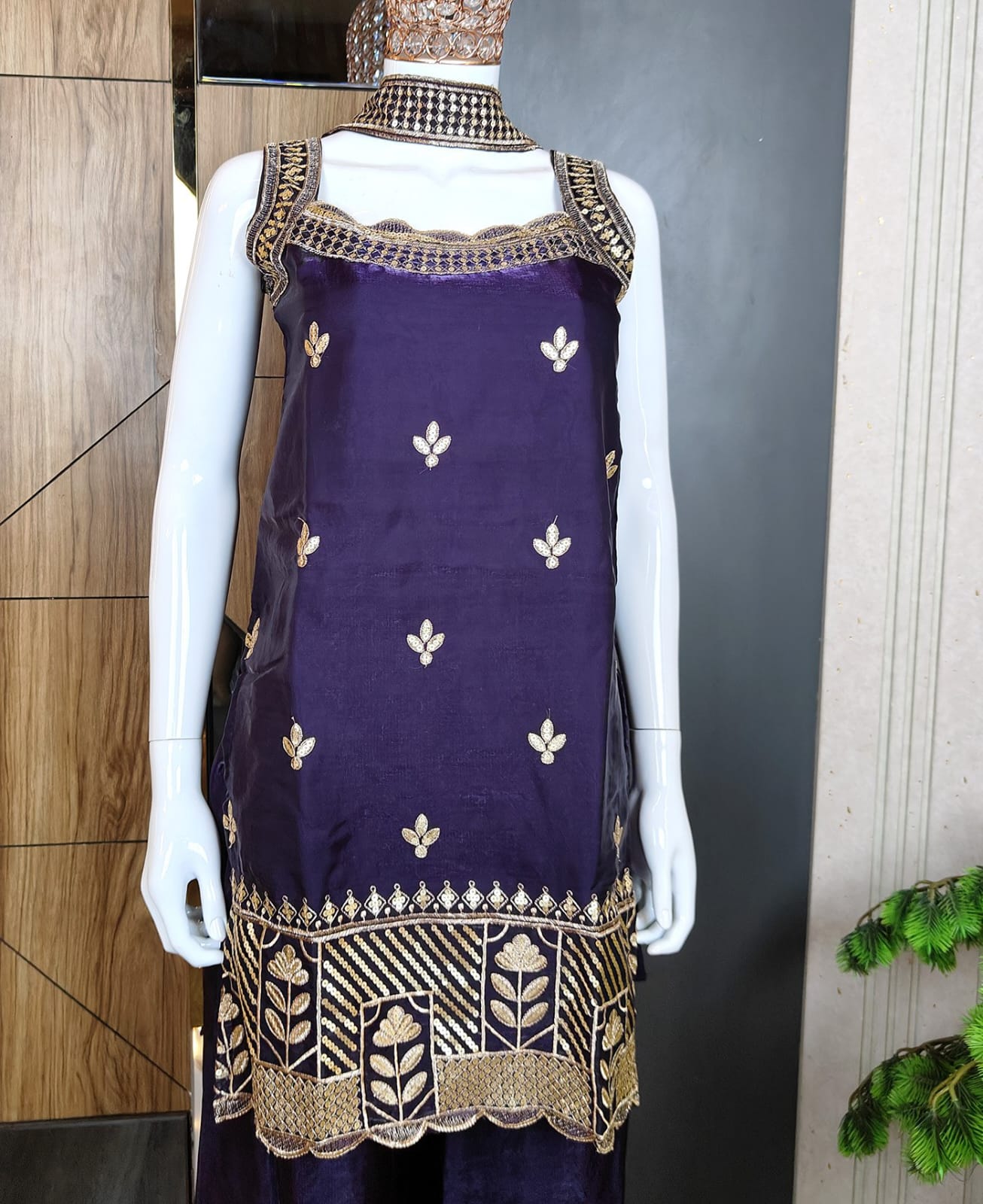 Royal Dark Purple Sharara Set featuring a Statement Embroidered Neckline and Attached Choker-Style Cape