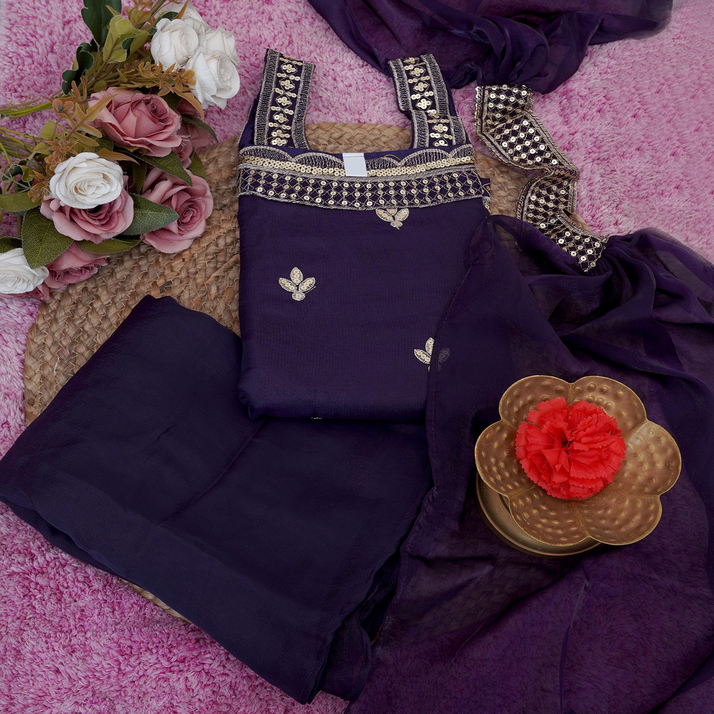 Royal Dark Purple Sharara Set featuring a Statement Embroidered Neckline and Attached Choker-Style Cape