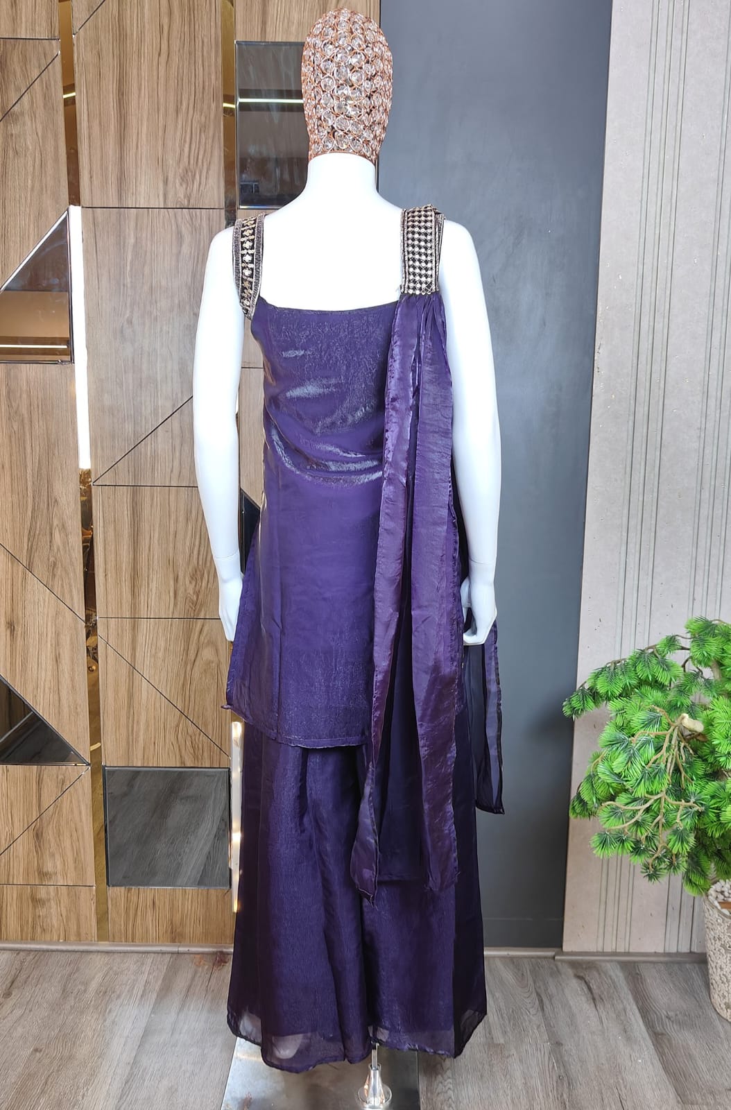 Royal Dark Purple Sharara Set featuring a Statement Embroidered Neckline and Attached Choker-Style Cape