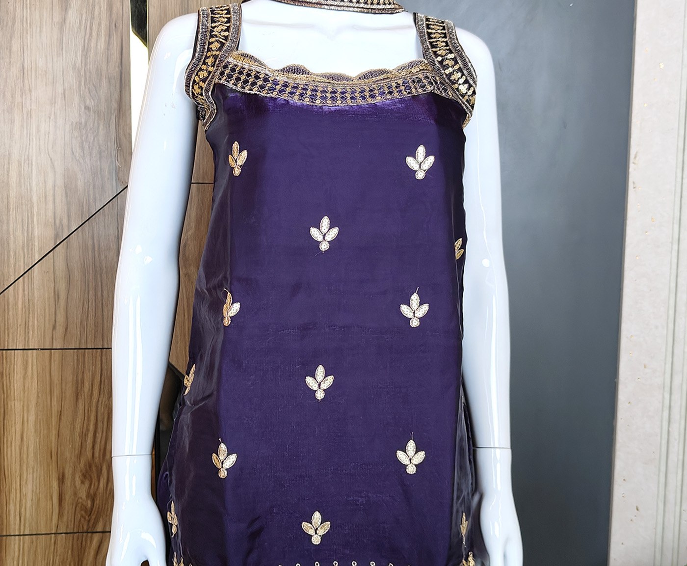 Royal Dark Purple Sharara Set featuring a Statement Embroidered Neckline and Attached Choker-Style Cape