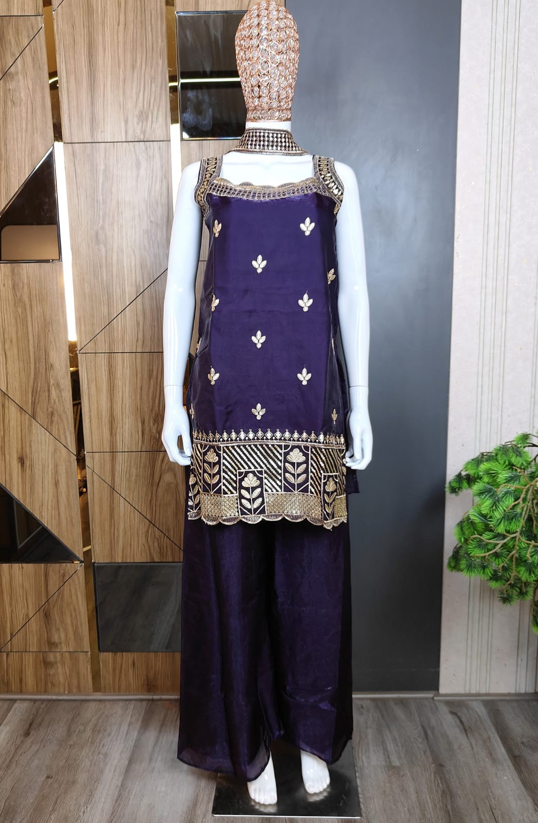 Royal Dark Purple Sharara Set featuring a Statement Embroidered Neckline and Attached Choker-Style Cape