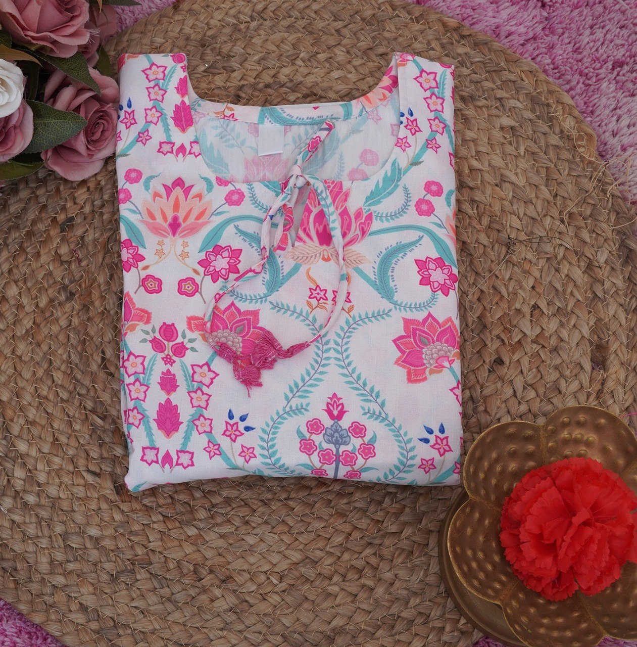 Boho-Chic Elegance: Pastel Pink Floral Printed Peplum Top with Playful Fringed Tassels for a Perfect Indo-Western Vibe 💕