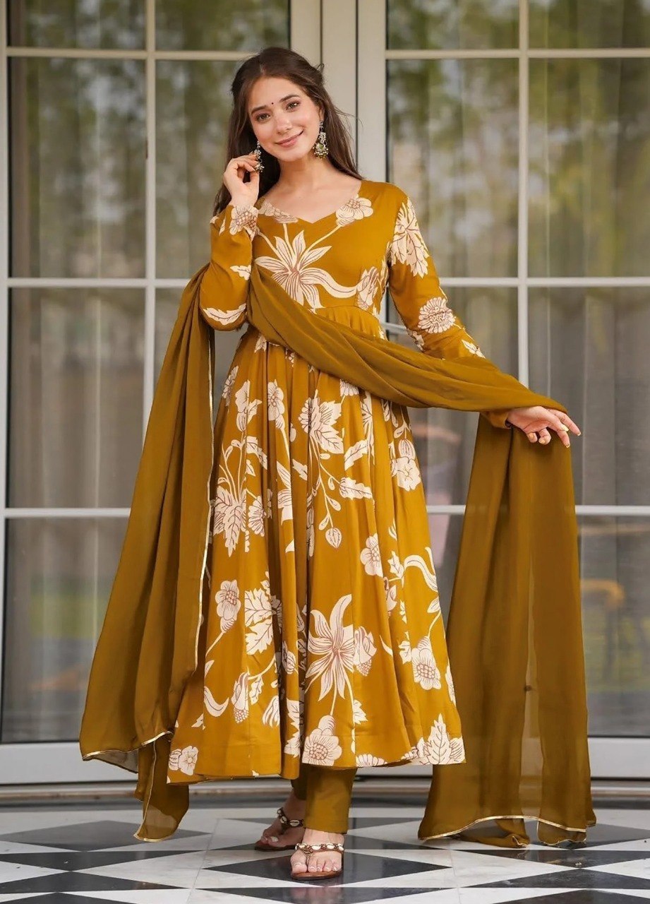 Premium Mustard Floral Flare Anarkali Suit with Coordinated Pants and Lightweight Draped Dupatta Outfit